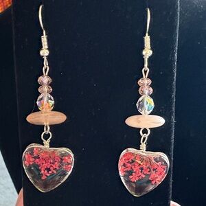 Hand Crafted Heart Earrings with Red Floral Design